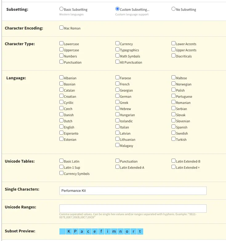 An image of the font settings on font squirrel